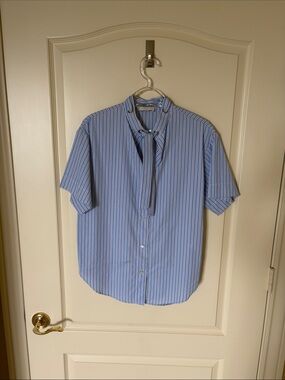 Sandro Blue and White Striped Short-Sleeve Tie-Neck Top